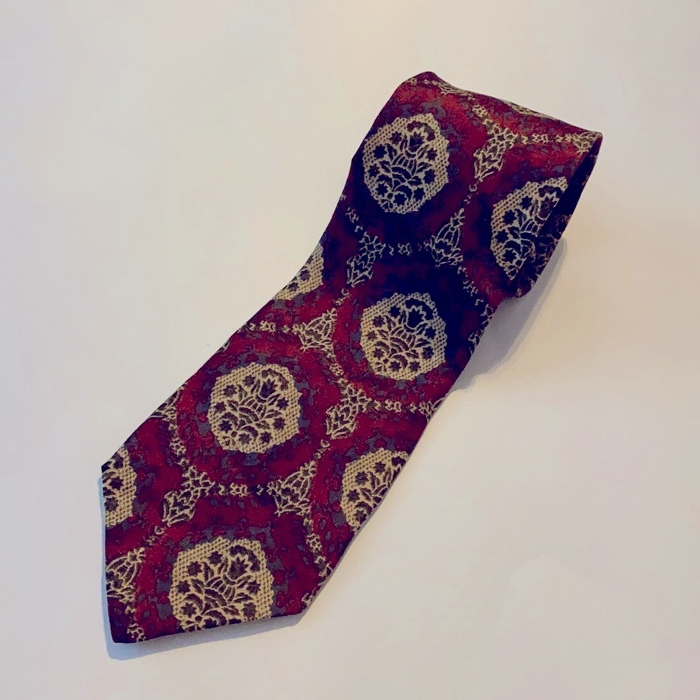Valentino Burgundy Silk Tie Gold Medallions
